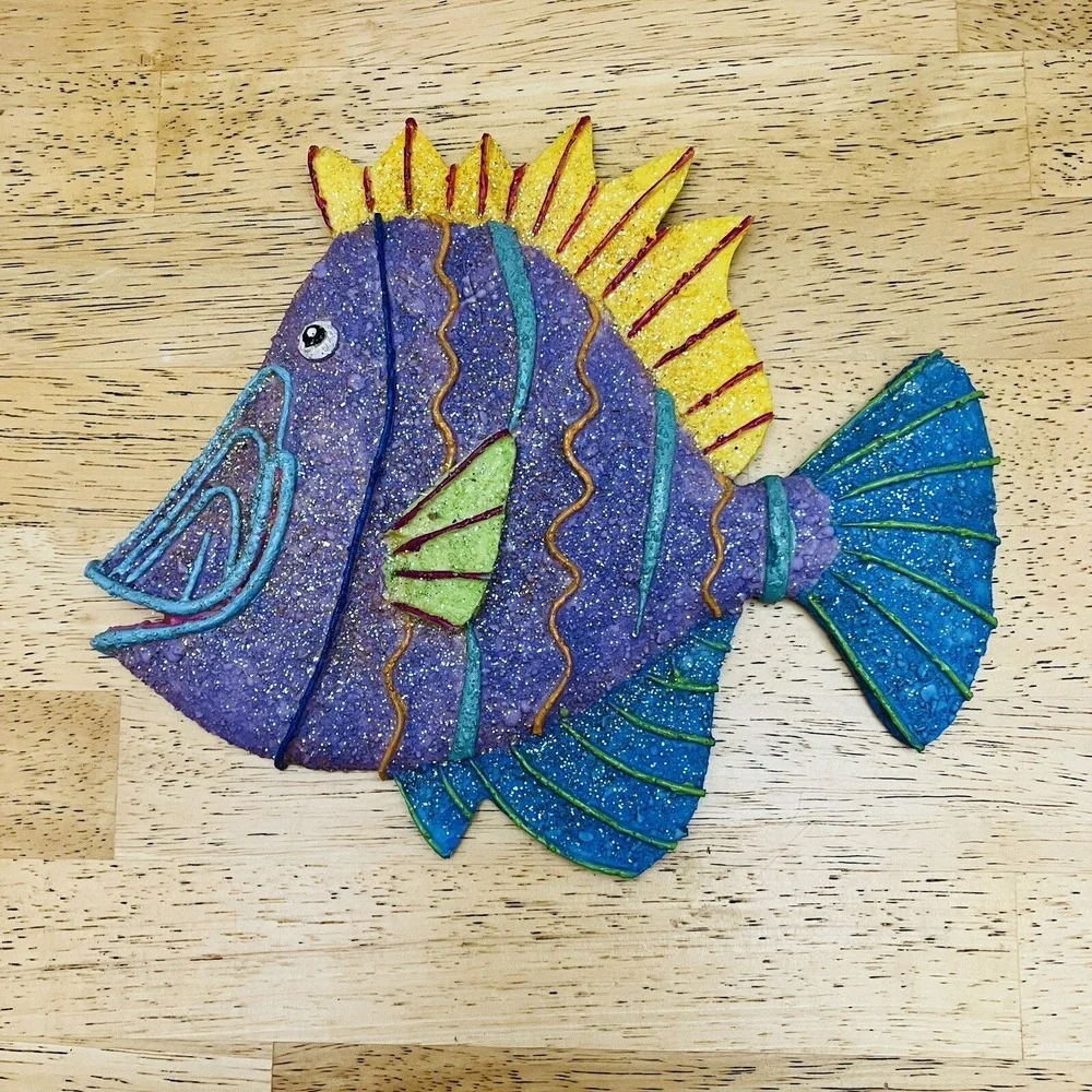 Set Of 3 Glitter Fish Wall Hangings- Blue Red Pink Green Yellow Purple